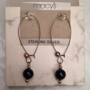 Silver hoop earrings with bronze and onyx beads